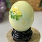 Vintage Hand Painted Green Jade Stone Egg with Red Flowers Bird Wood Stand 1.5"