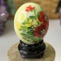 Vintage Hand Painted Green Jade Stone Egg with Red Flowers Bird Wood Stand 1.5"
