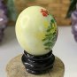 Vintage Hand Painted Green Jade Stone Egg with Red Flowers Bird Wood Stand 1.5"
