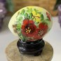 Vintage Hand Painted Green Jade Stone Egg with Red Flowers Bird Wood Stand 1.5"