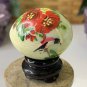Vintage Hand Painted Green Jade Stone Egg with Red Flowers Bird Wood Stand 1.5"