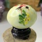 Vintage Hand Painted Green Jade Stone Egg with Red Flowers Bird Wood Stand 1.5"