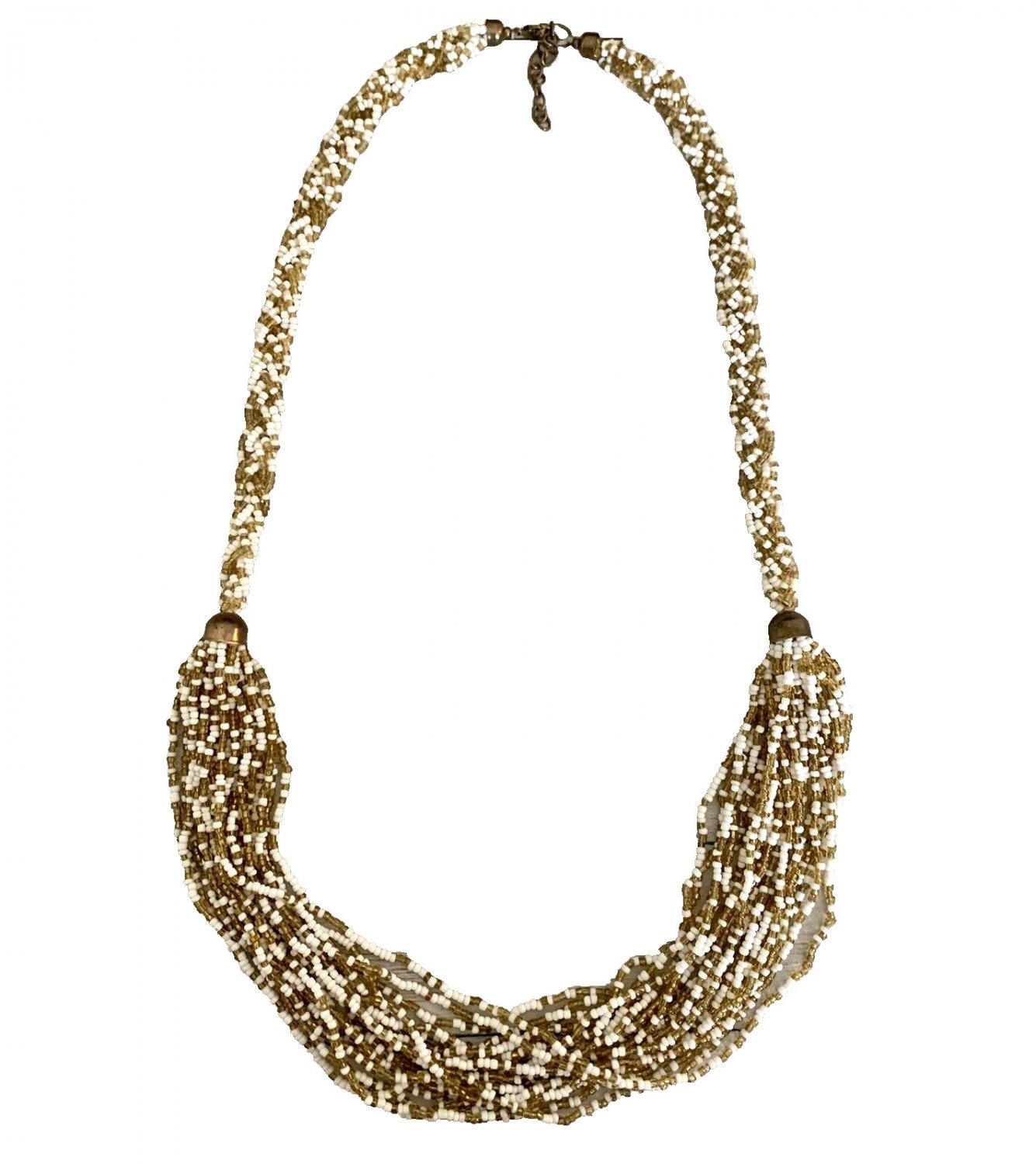 Gold White Seed Bead Multi Strand Necklace Layered Glass Beads Statement VTG 32"
