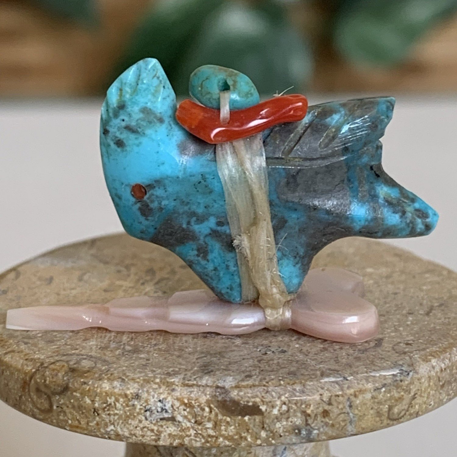 Zuni Turquoise Eagle Bird Fetish Red Coral Turquoise Bundle Shell Arrowhead 1.4"