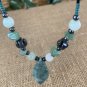 Green Jadeite Pendant Necklace Marquise Hematite Beaded Turquoise Beads 24" VTG
