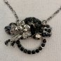 Black Rhinestones Circle Pendant Necklace Roses Bar Chain Silver Tone VTG 20"