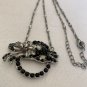 Black Rhinestones Circle Pendant Necklace Roses Bar Chain Silver Tone VTG 20"