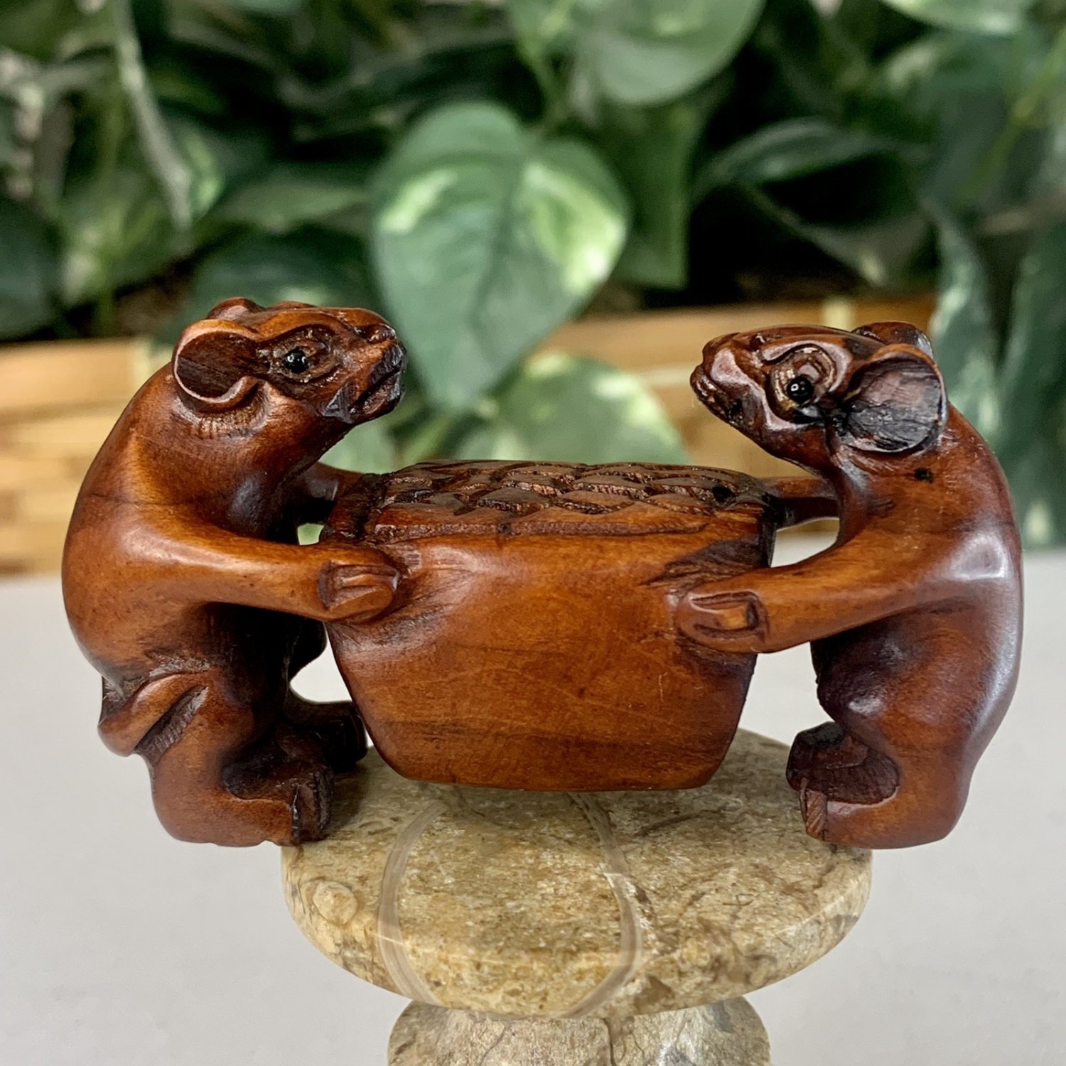 Vintage Boxwood Netsuke Two Rats Sitting at a Table Carved Wood Animal Figurine