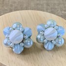 Faux Pearl Cluster Flower Beaded Clip On Earrings Pale Blue & White Japan 1" 50s