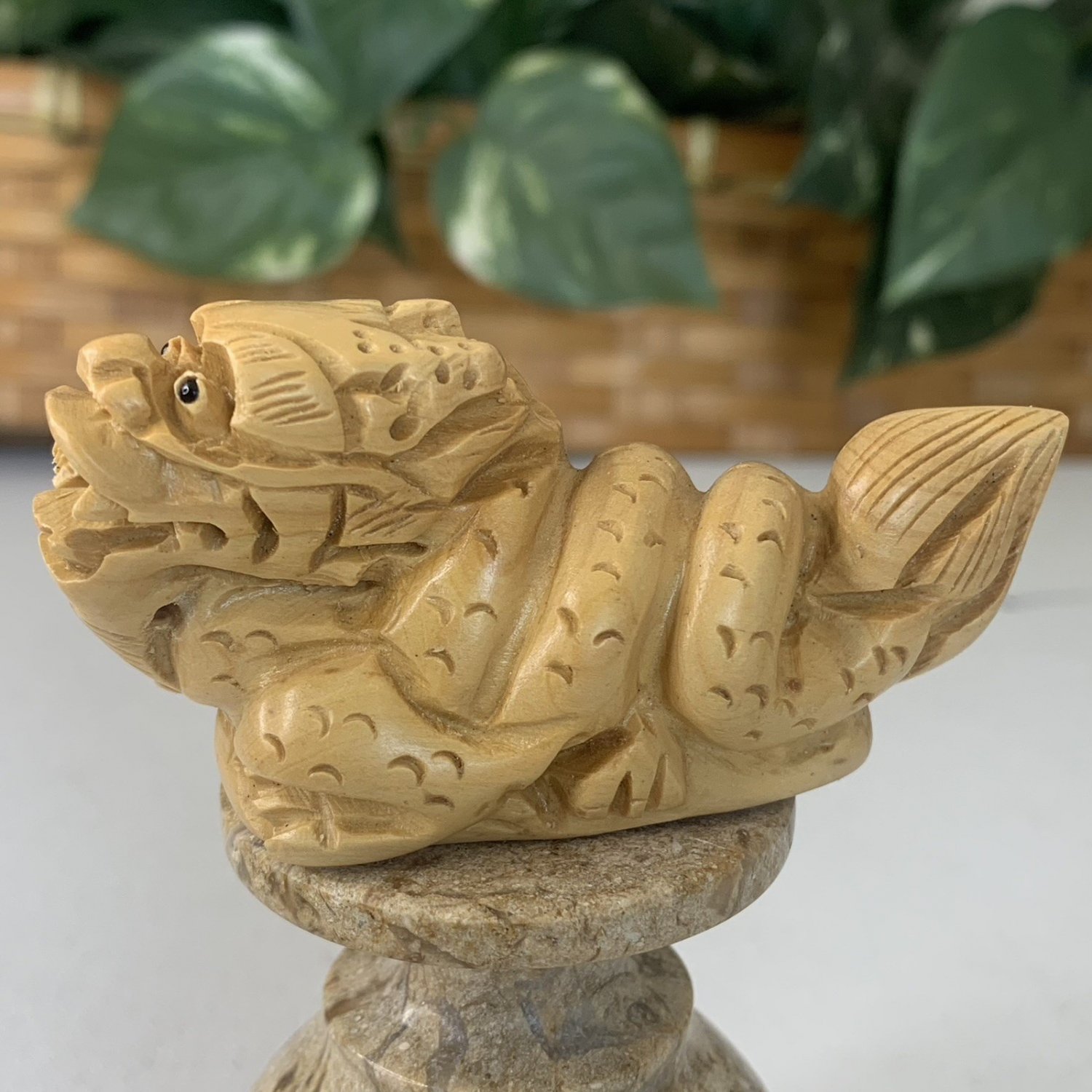 Japanese Netsuke Dragon Snake Beast Boxwood Carving Hand Carved Wood Animal 3.5"