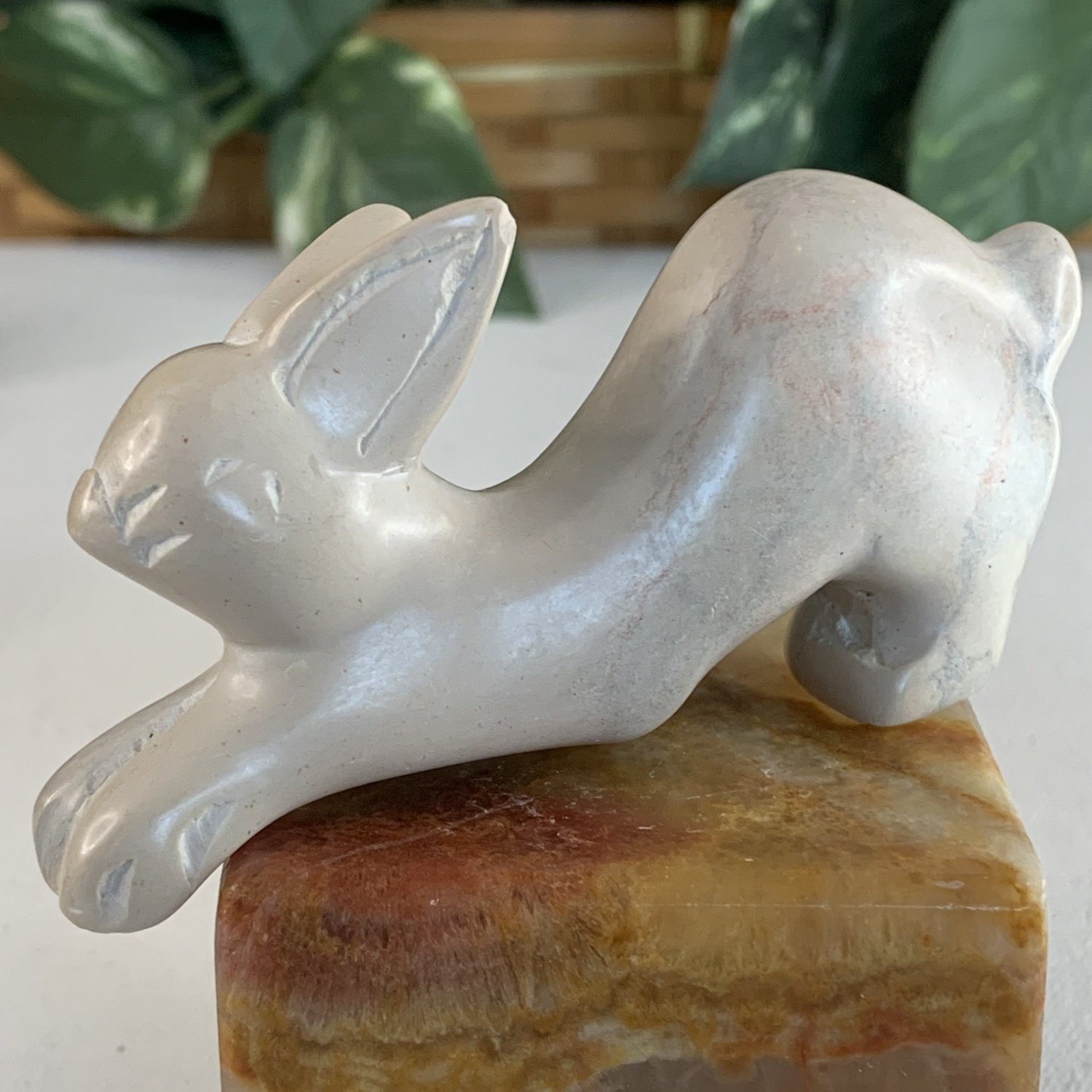 Large Soapstone Carved Rabbit Figurine Stone Bunny Carving Animal Figure 3.8"