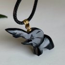 Black Jade Elephant Pendant Necklace Carved Lucky Trunk Up Animal Unisex 18" VTG