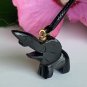 Black Jade Elephant Pendant Necklace Carved Lucky Trunk Up Animal Unisex 18" VTG