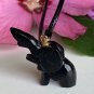 Black Jade Elephant Pendant Necklace Carved Lucky Trunk Up Animal Unisex 18" VTG
