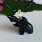 Black Jade Elephant Pendant Necklace Carved Lucky Trunk Up Animal Unisex 18" VTG