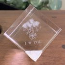 I LOVE YOU Clear Glass Paperweight Cube Laser Etched Rose Bouquet Valentines Day