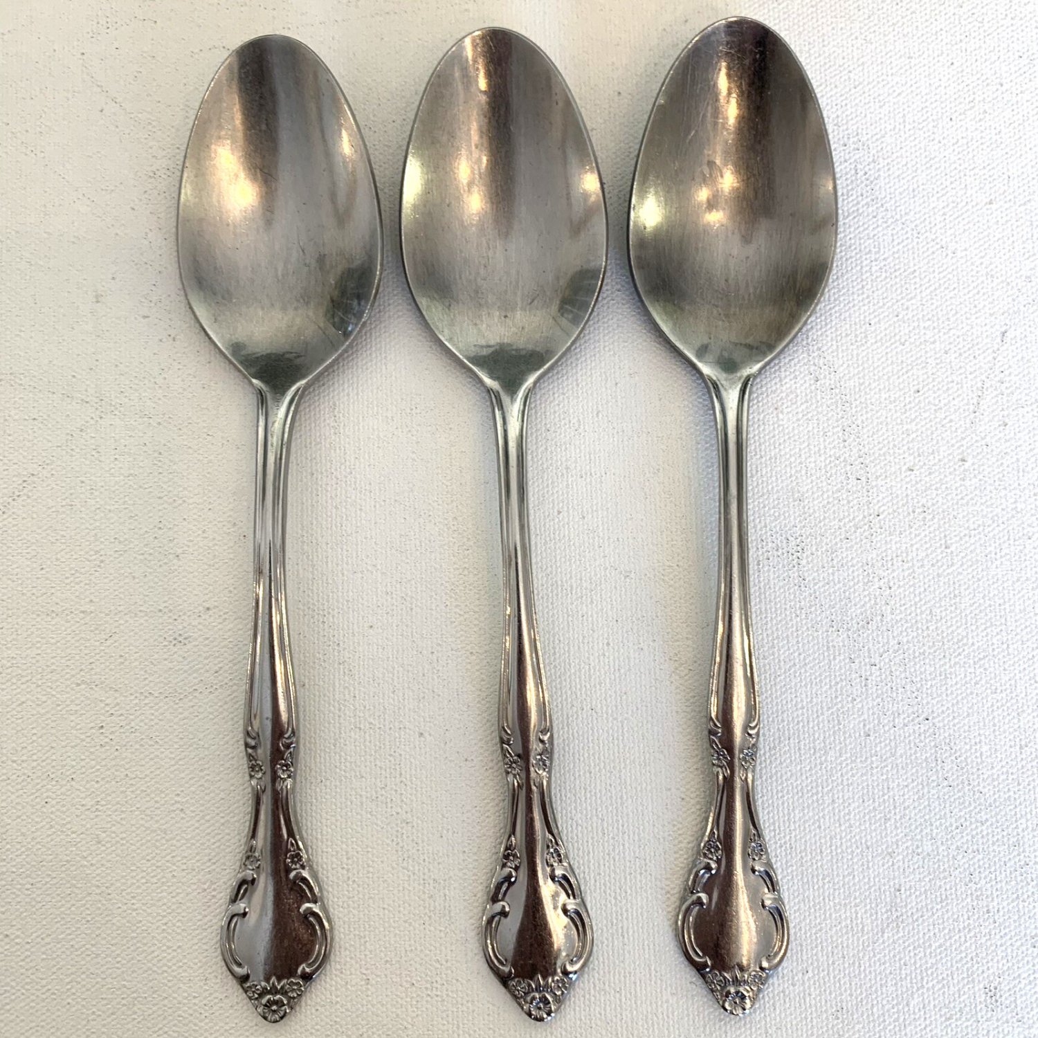 3 ESTIA CASCADE Stainless Glossy Dinner Spoons 7.5" Floral Silverware Flatware