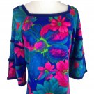 Vtg Peekaboo Sleeve Hawaiian Dress Velvet Trim Bold Floral Kiyomi Hawaii M