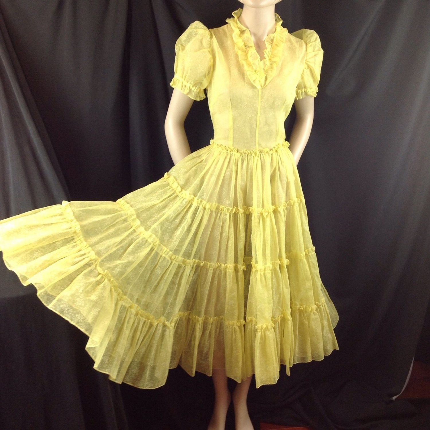 Vtg Yellow Rockabilly Square Dance Sheer Tiered Dress Circle Skirt Metal Zip S