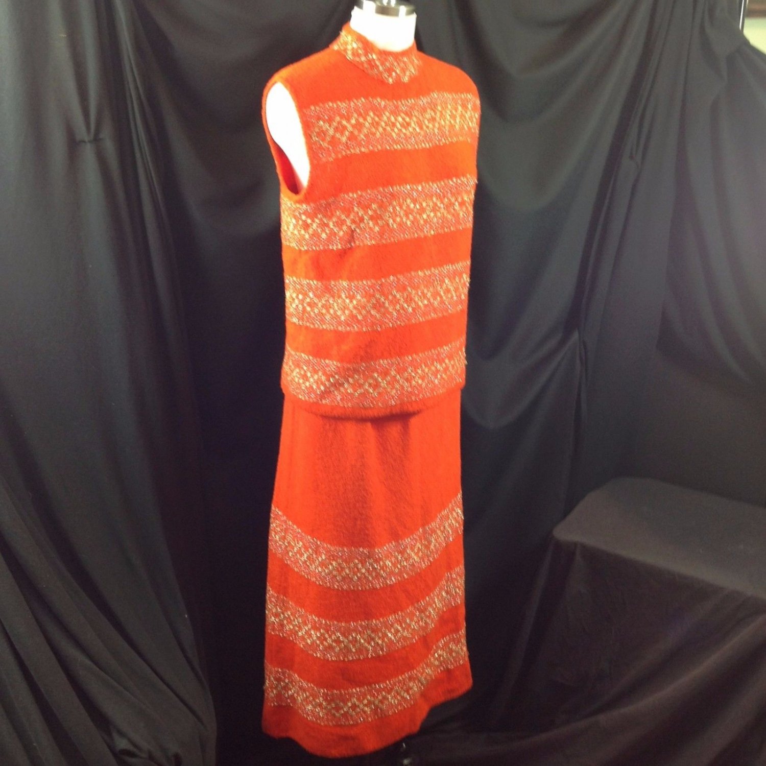 Vtg St John Knits Wiggle Groovy Hostess Sweater Dress Orange Gold Metallic M