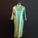 Vtg Blue Green Gold Silk Jacquard Cheongsam Dress Tunic Frog Buttons Dolman M