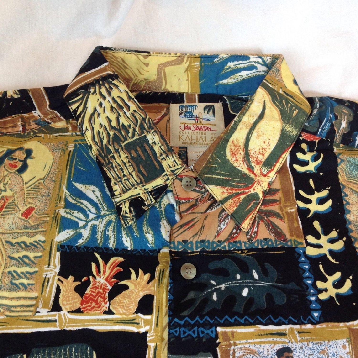 Kahala John Severson Patchwork Hawaiian Shirt Longboard Surfer Hula Pineapple XL