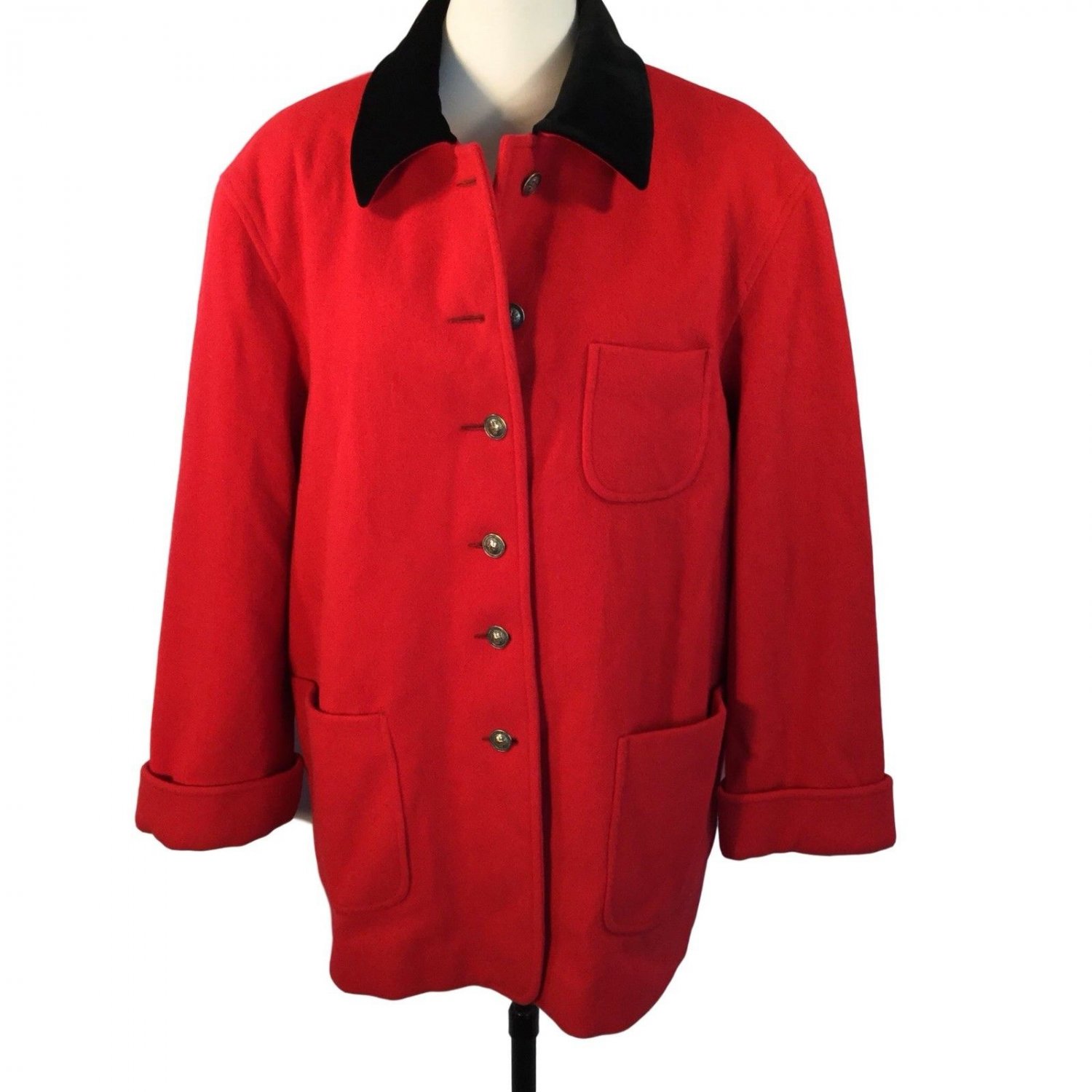 Anne Klein II Red Wool Coat Black Velvet Collar Lion Emblem Button Front USA L