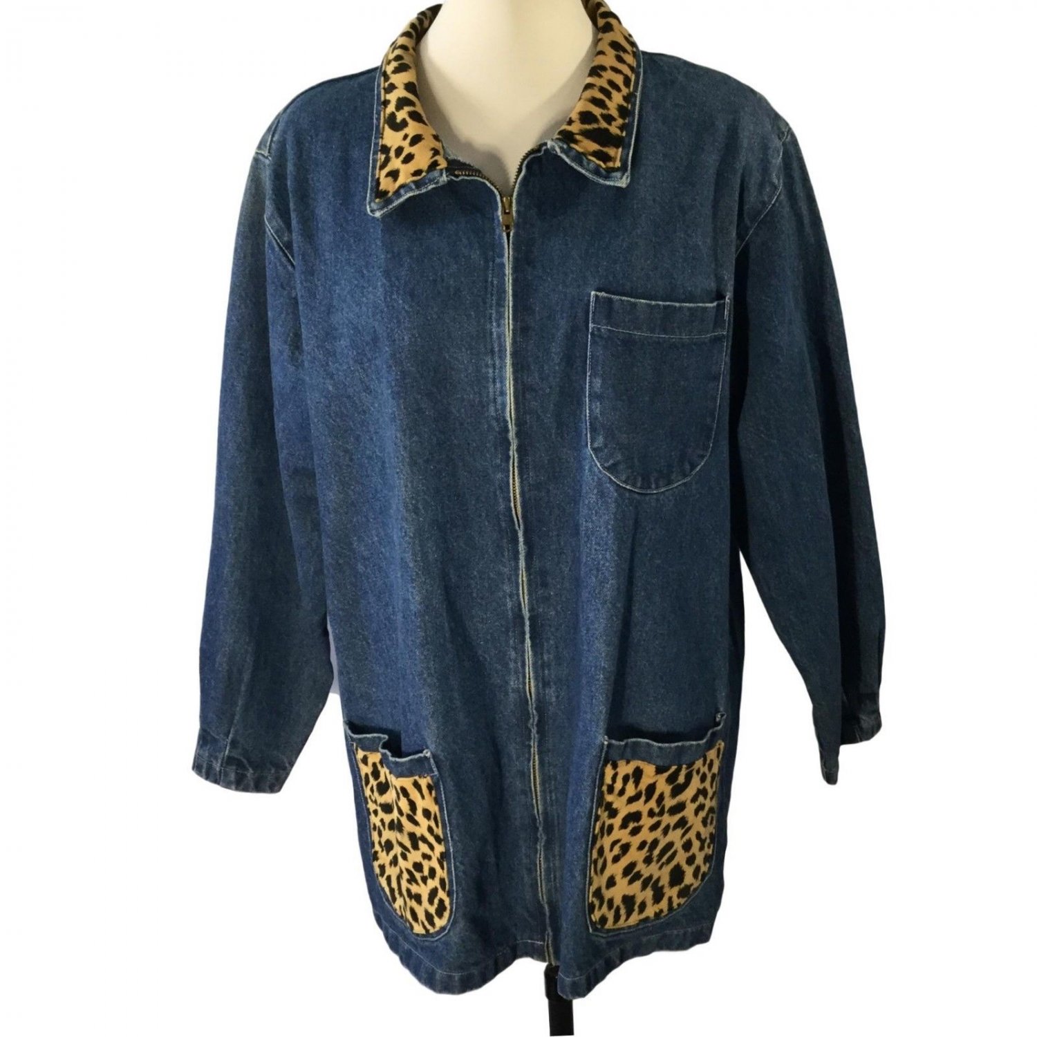 Vtg Totally 80s Denim Jacket Leopard Collar Pockets Glam Rock Oversized M/L