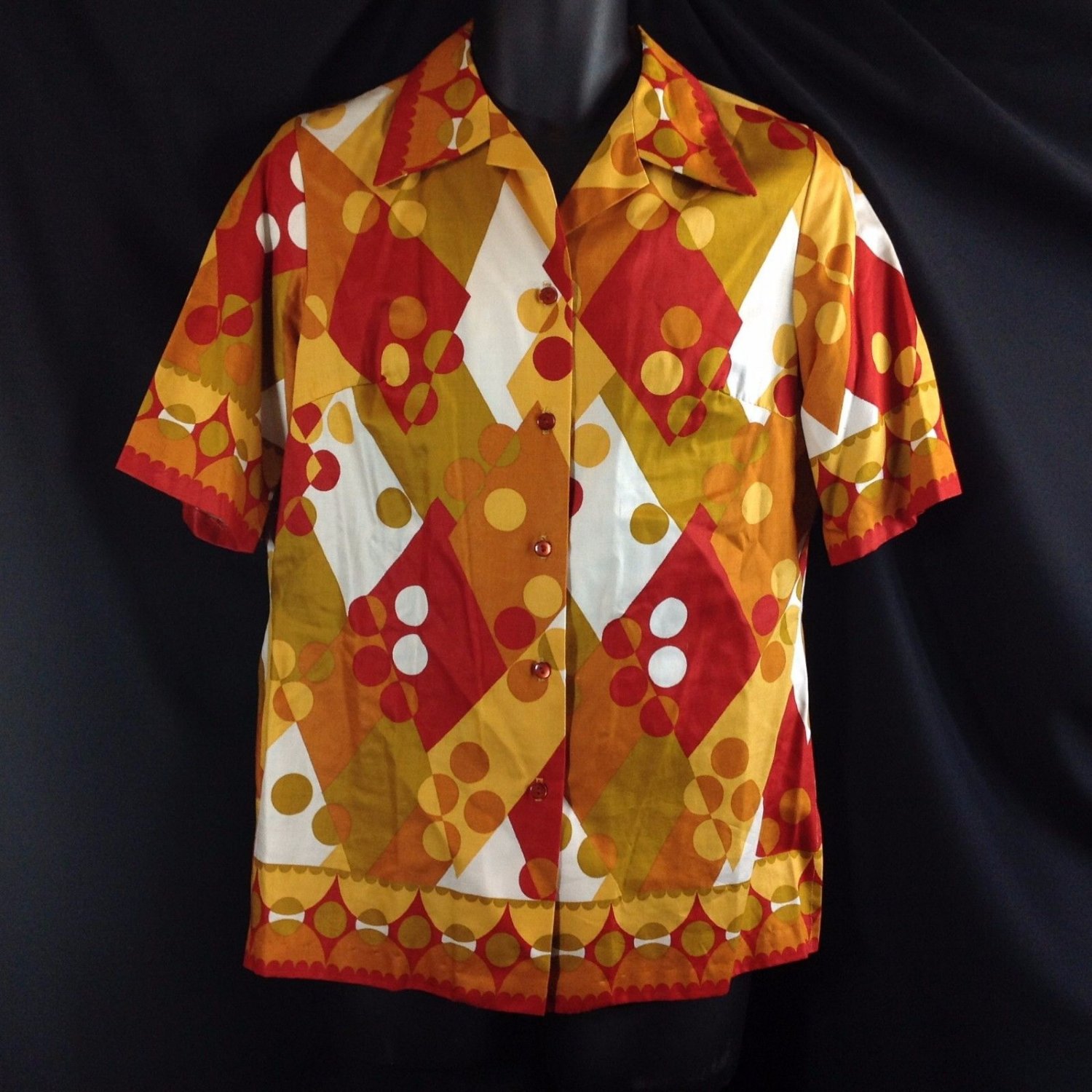 Vtg Alex Colman Diamonds & Dots Casual Cotton Sheen Shirt Orange Gold L / XL