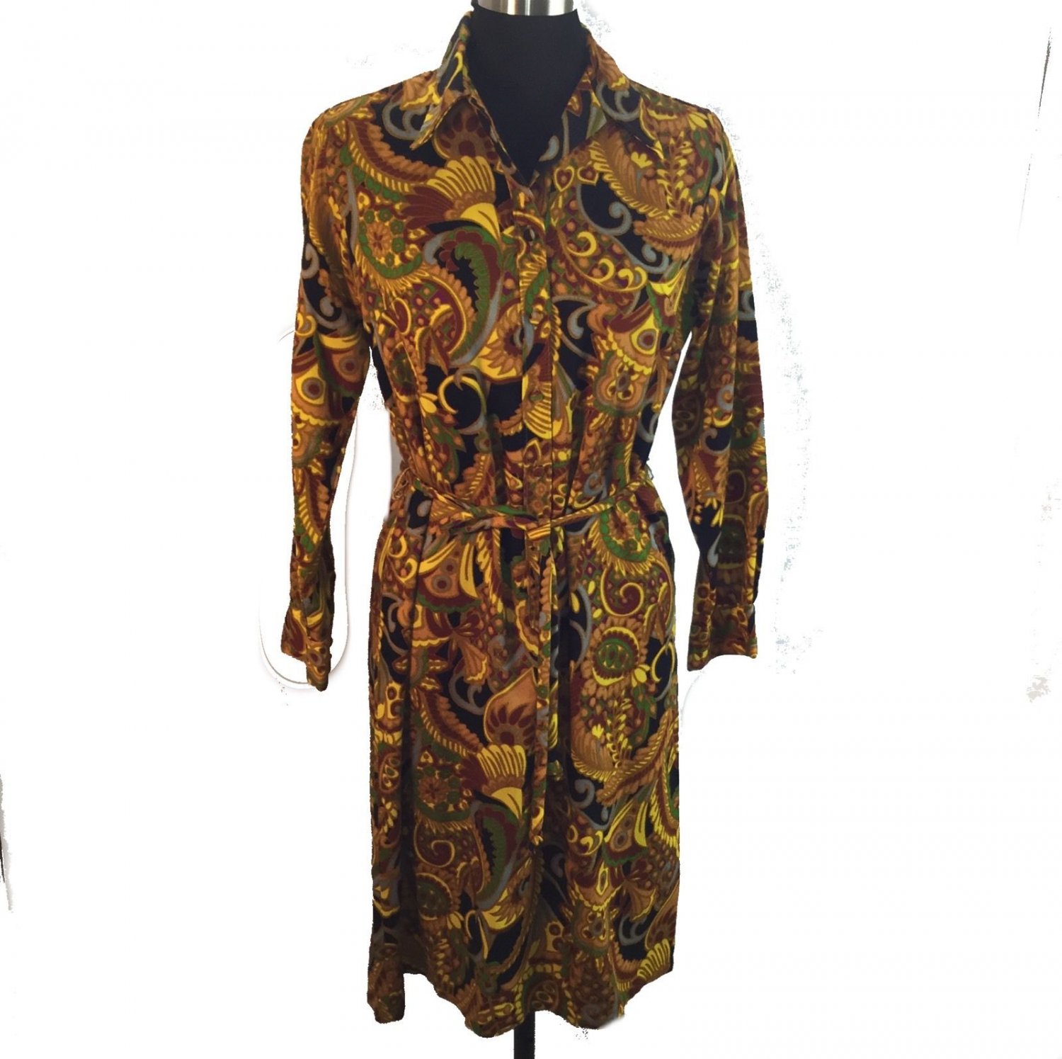 Vtg Groovy Wide Collar Pullover Shirt Dress Paisley Long Sleeve Gold Brown M