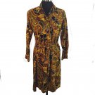 Vtg Groovy Wide Collar Pullover Shirt Dress Paisley Long Sleeve Gold Brown M