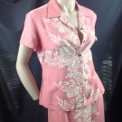 Hilo Hattie Pink Silk Taro Leaf Panel Hawaiian Maxi Dress 2 Pc Top Slit Skirt S