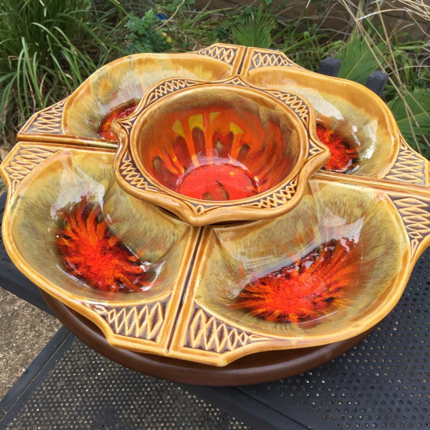 Vtg Orange Gold Flame Drip Glaze CA Pottery Lazy Susan Tiki Room Ceramic Wood