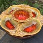 Vtg Orange Gold Flame Drip Glaze CA Pottery Lazy Susan Tiki Room Ceramic Wood