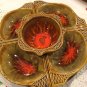 Vtg Orange Gold Flame Drip Glaze CA Pottery Lazy Susan Tiki Room Ceramic Wood