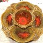 Vtg Orange Gold Flame Drip Glaze CA Pottery Lazy Susan Tiki Room Ceramic Wood