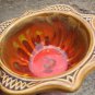 Vtg Orange Gold Flame Drip Glaze CA Pottery Lazy Susan Tiki Room Ceramic Wood