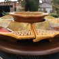 Vtg Orange Gold Flame Drip Glaze CA Pottery Lazy Susan Tiki Room Ceramic Wood