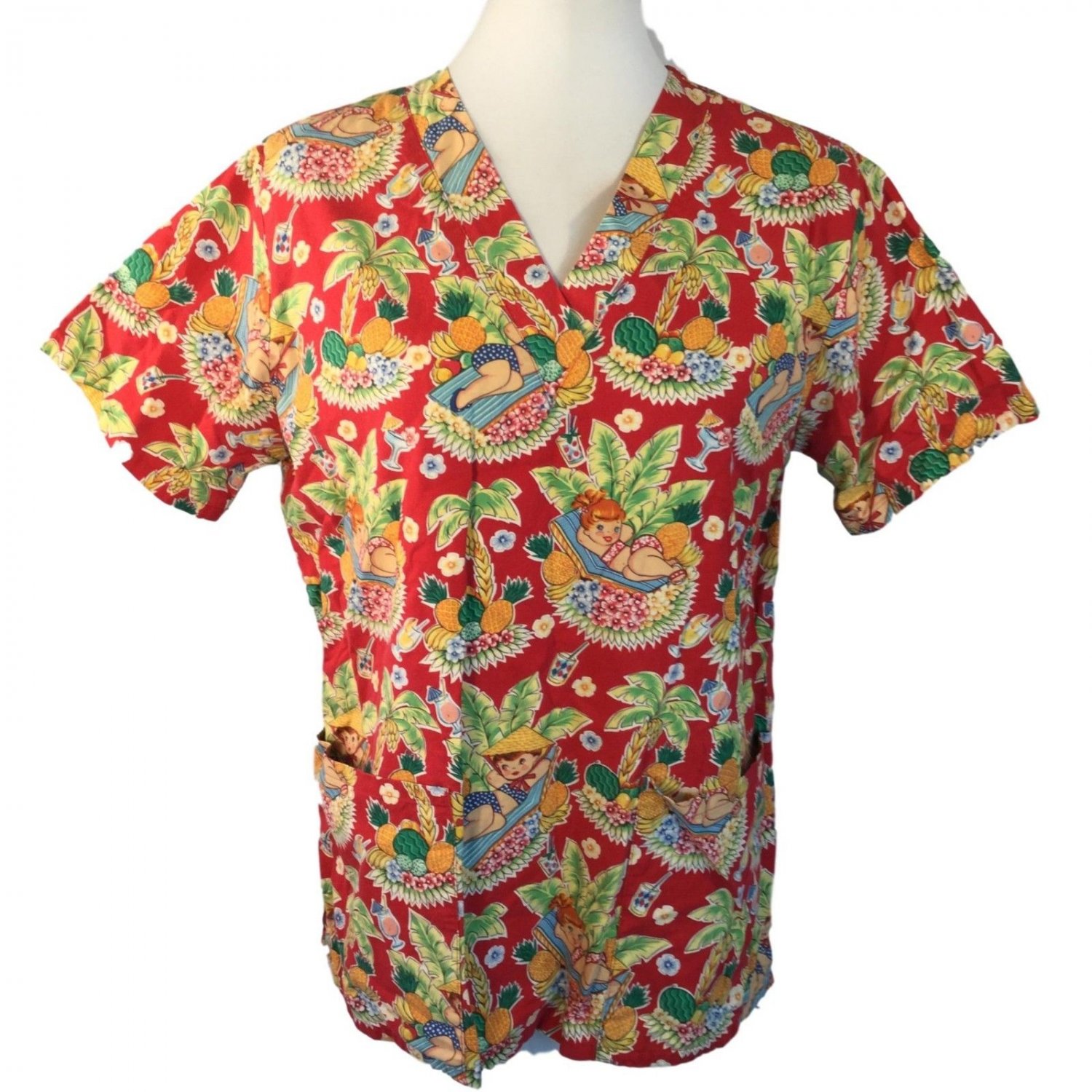 Cutie Pie Pinup Pineapple Princess Scrubs Cotton Uniform Top Hawaiian Pinup S