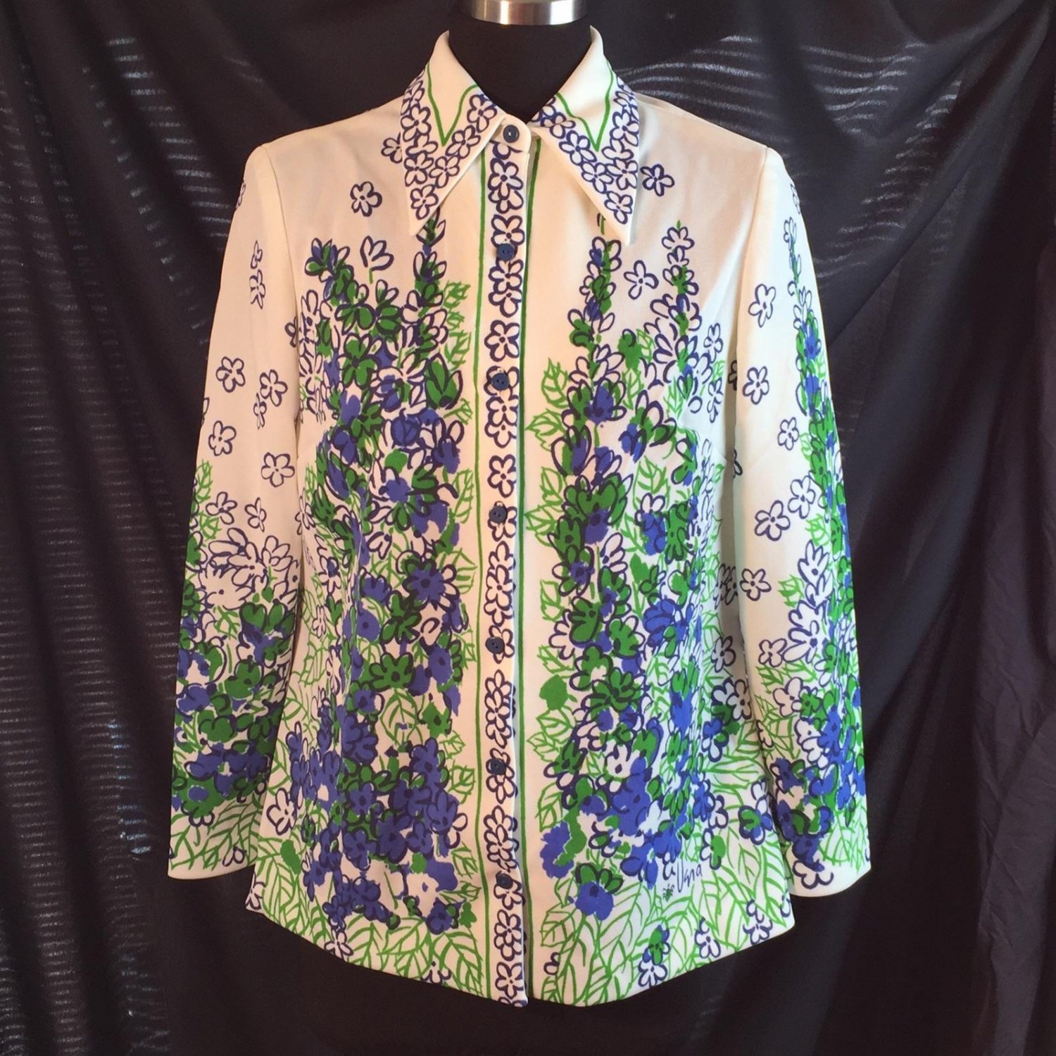 Vtg Vera Neumann Ladybug Rockabilly Shirt Blue Green Floral Panel Polyester M
