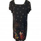 Fun Festive NYE 2000 Fireworks Champage Roses Dancing Black Dress Knee Length 18