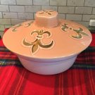 Fleur De Lis Peach Gold Ceramic Covered Casserole CA Pottery Mardi Gras 2 cup