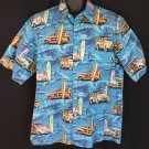 Reyn Spooner Eddy Y Woody Surf Wagon Blue Hawaiian Shirt XL Surfer Surfboard