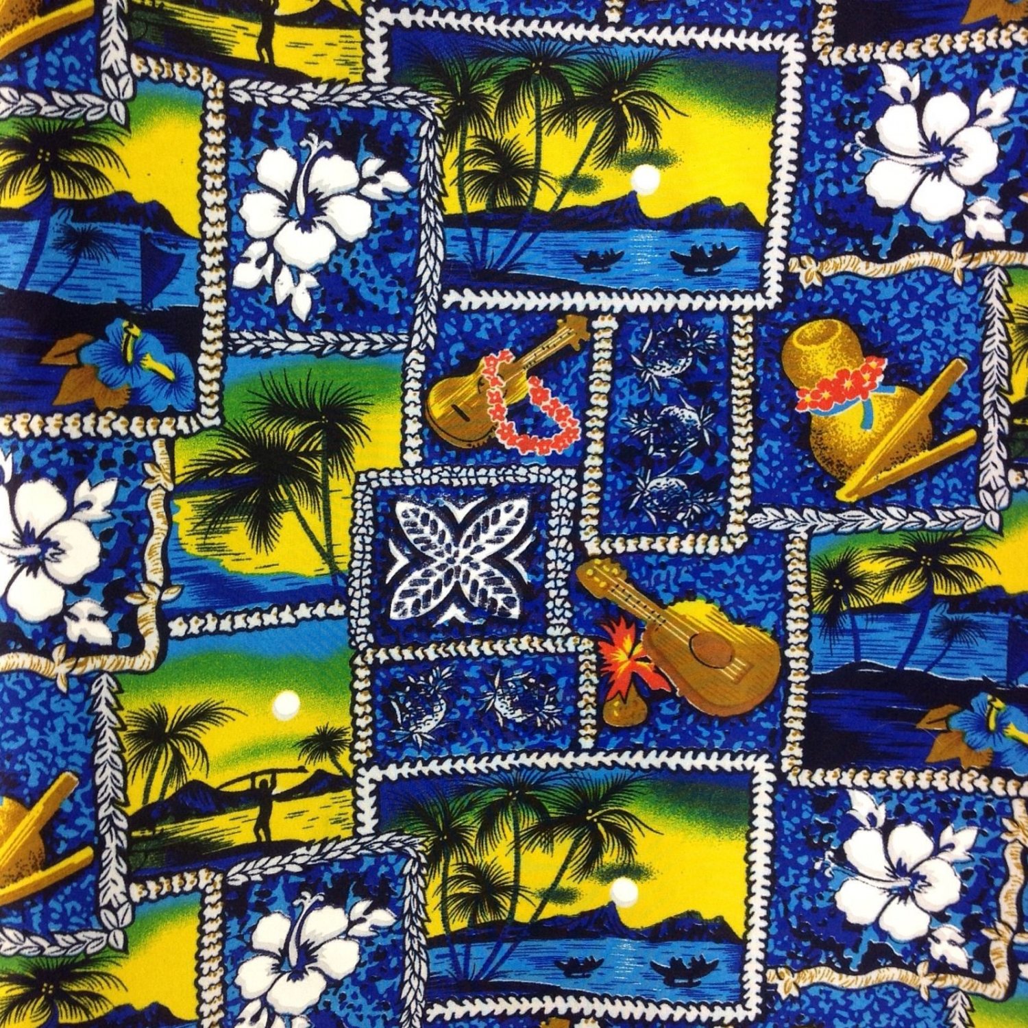 Vtg Surfer Ukulele Shell Tapa Print Mens Aloha Hawaiian Shirt XL Blue Green USA