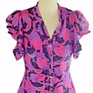 Fem Floral Pink Rose Silk Dress Rockabilly Ruffled Pin Up M