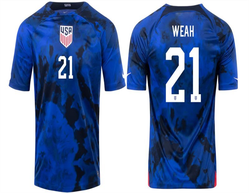 Team Uniform #21 Timothy Weah Jerseys USA 2023 Away Game Blue Fans Shirts