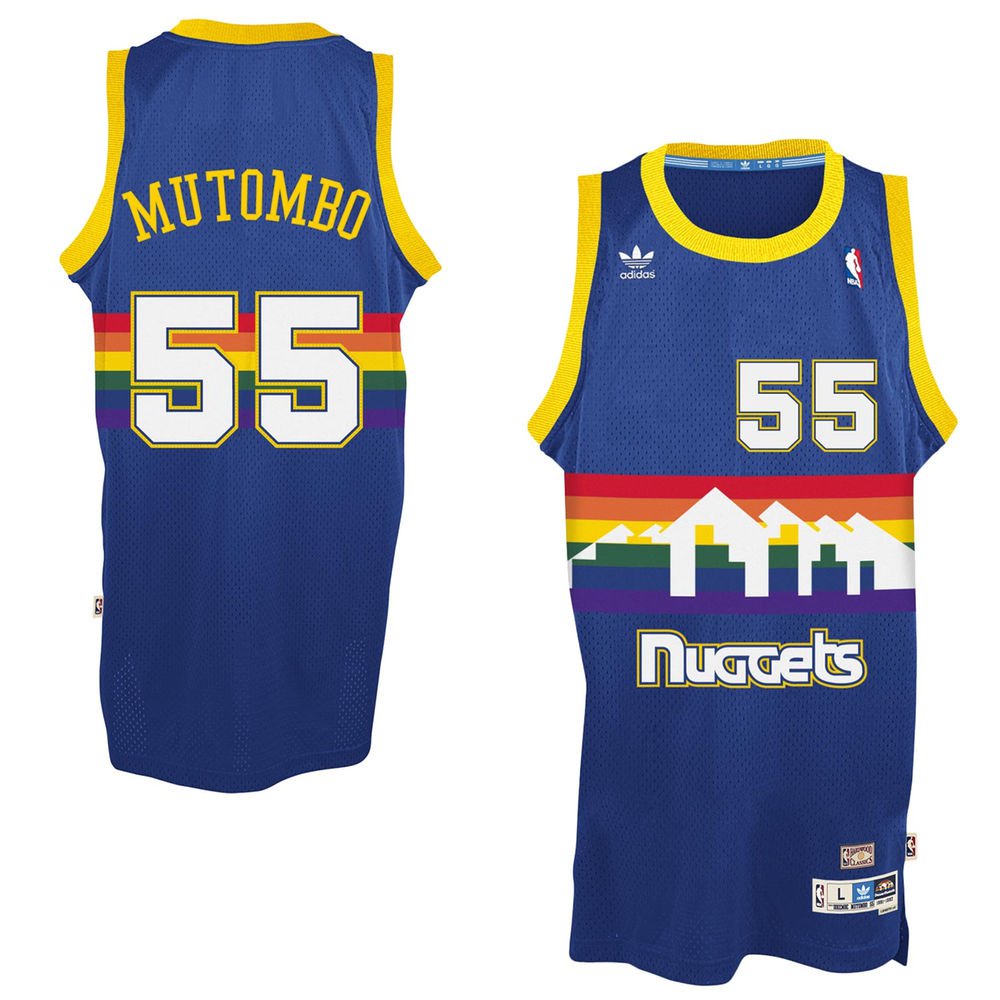 Mens Dikembe Mutombo Denver Nuggets  throwback rainbow jersey blue