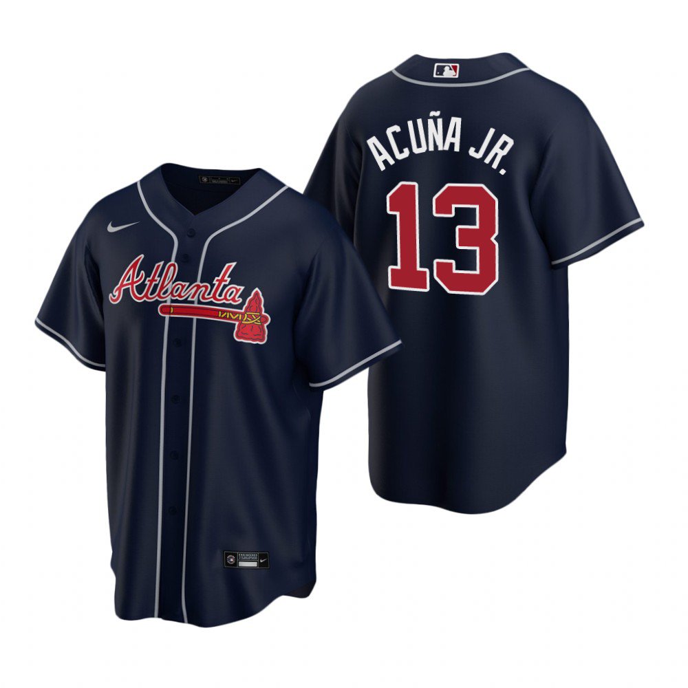 Youth boys Atlanta Braves #13 Ronald Acuna Jr. cool base Jersey navy blue