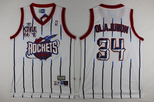 Mens Hakeem Olajuwon Houston Rockets throwback striped jersey white