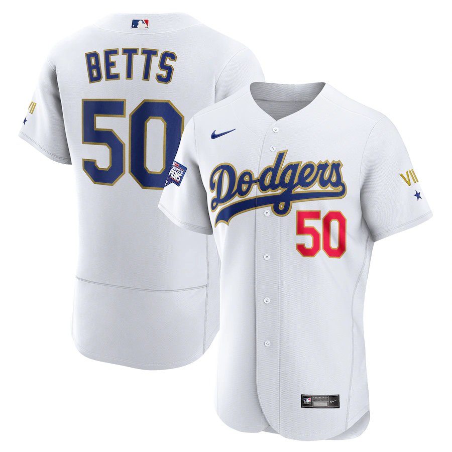 Men's Dodgers Mookie Betts gold program world series authentic Jersey white